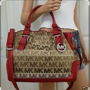Like new!Michael Kors Beige/Red Canvas and Leather Large Brookville bag